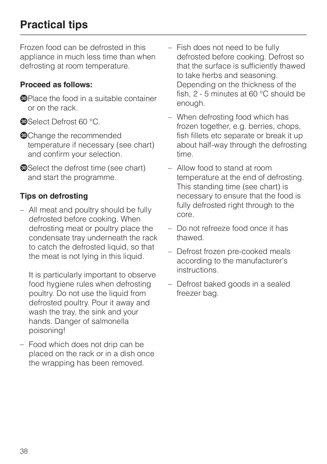 Miele DG4080 installation instructions Tips on defrosting 