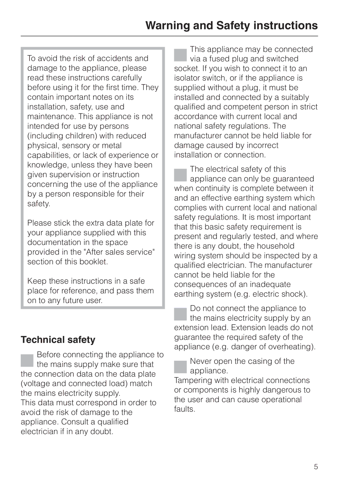 Miele DG4080 installation instructions Technical safety 