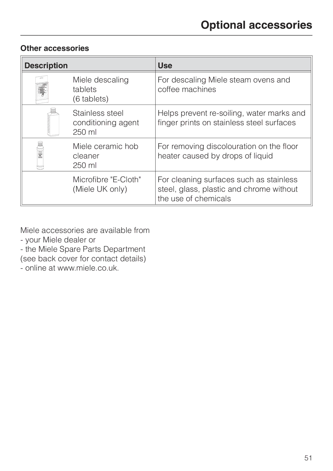 Miele DG4080 installation instructions Optional accessories, Other accessories Description Use 