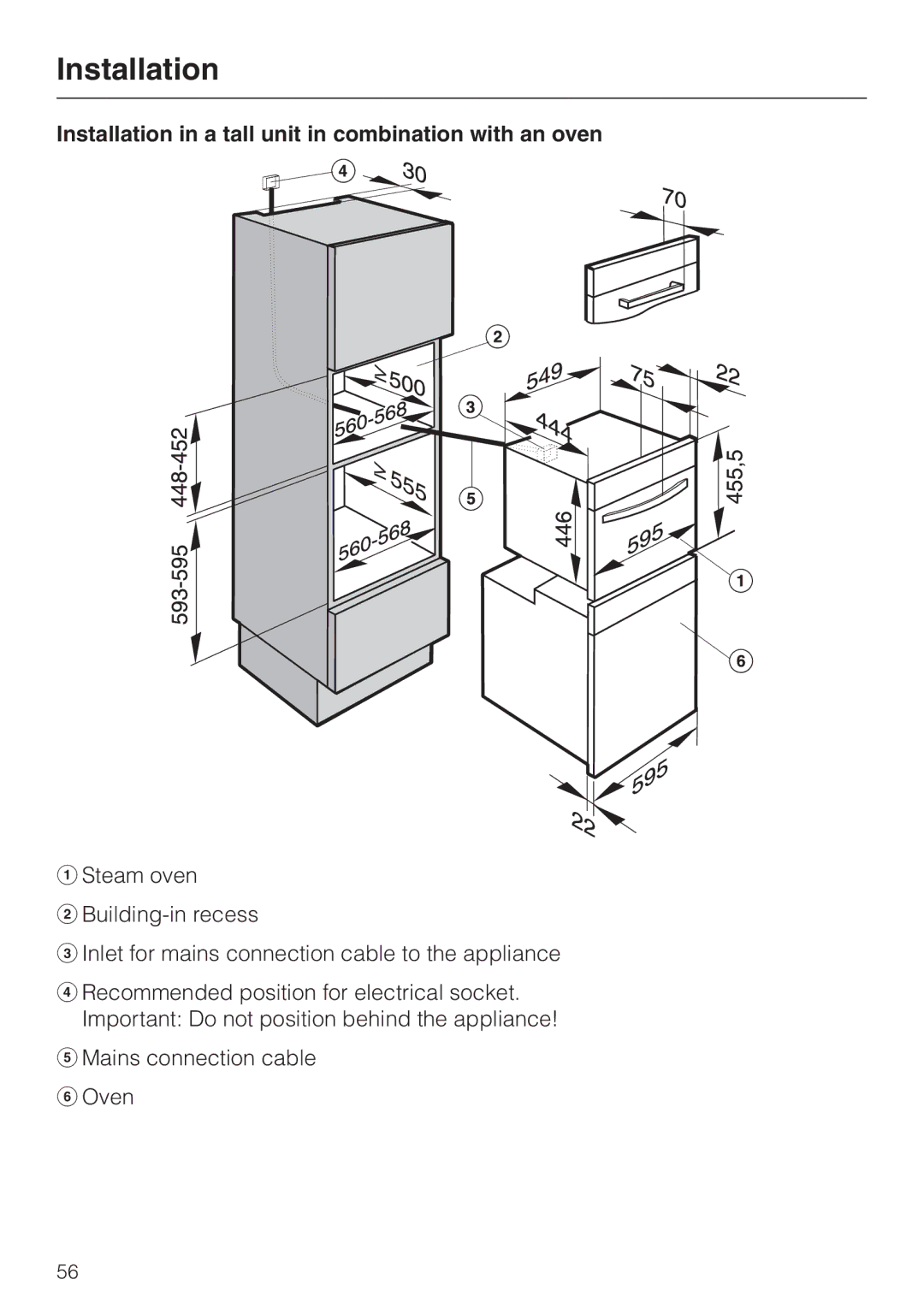 Miele DG4080 installation instructions Installation in a tall unit in combination with an oven 