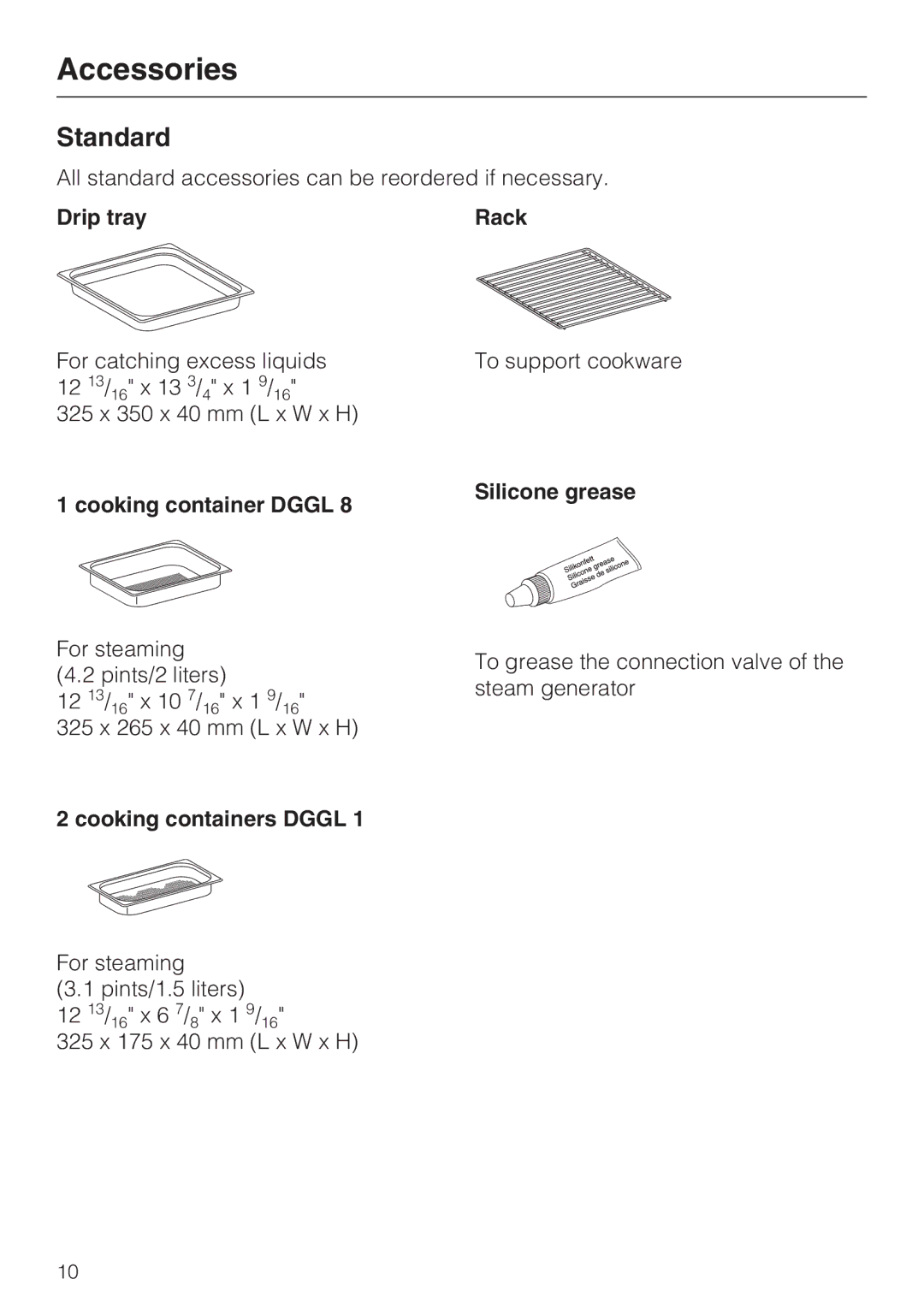 Miele DG4082, DG 4088 installation instructions Accessories, Standard 