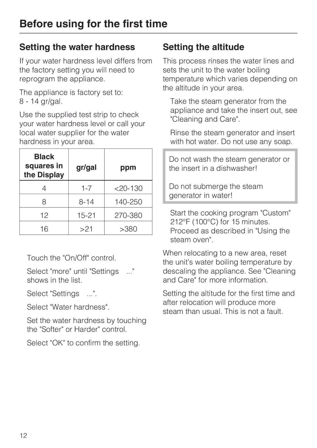 Miele DG4082, DG 4088 Before using for the first time, Setting the water hardness, Setting the altitude 