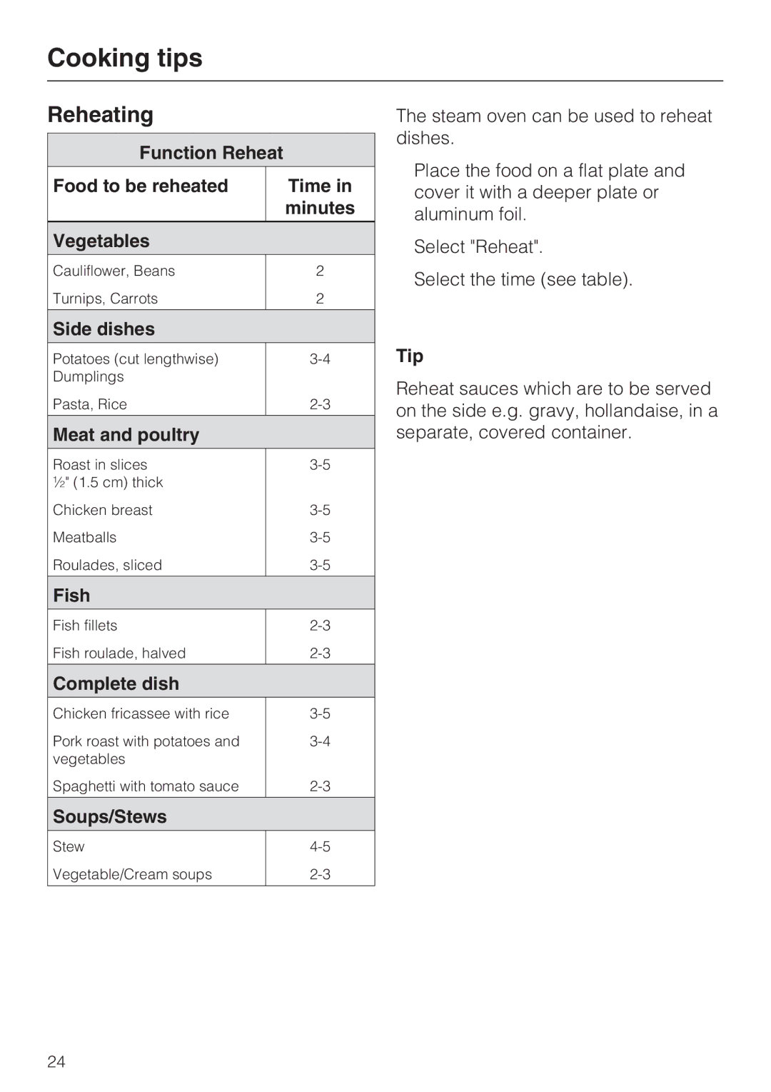 Miele DG4082, DG 4088 installation instructions Reheating 