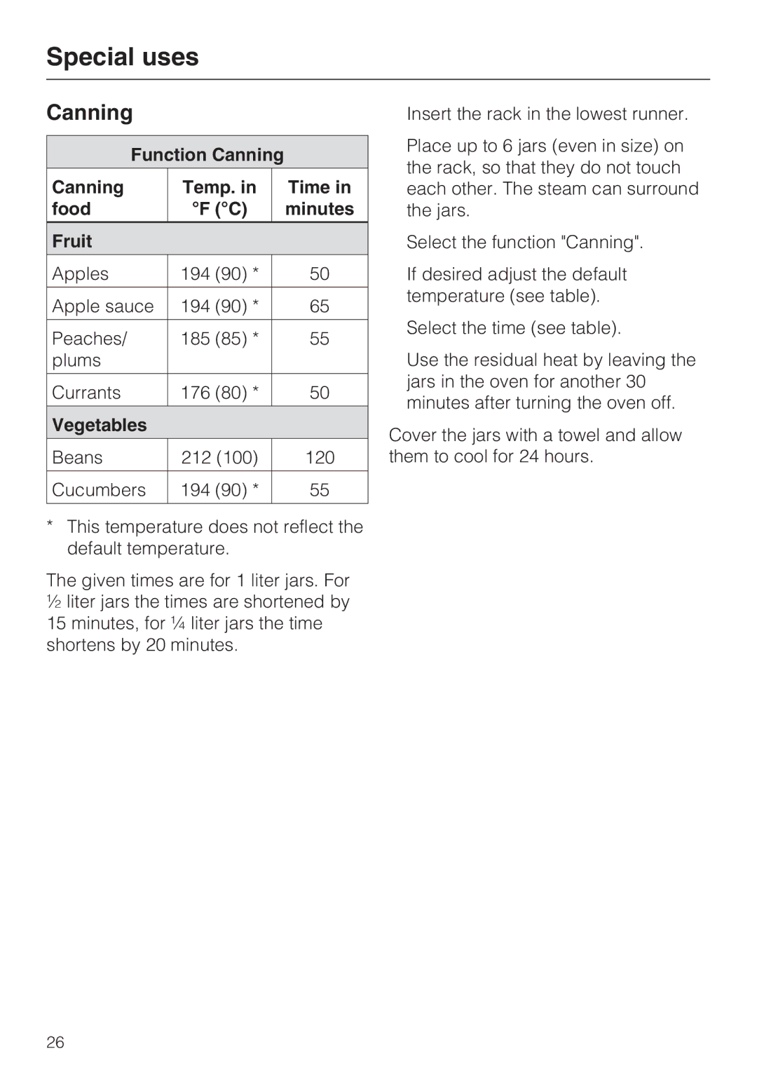 Miele DG4082, DG 4088 installation instructions Special uses, Function Canning Temp. Time Food Minutes Fruit 