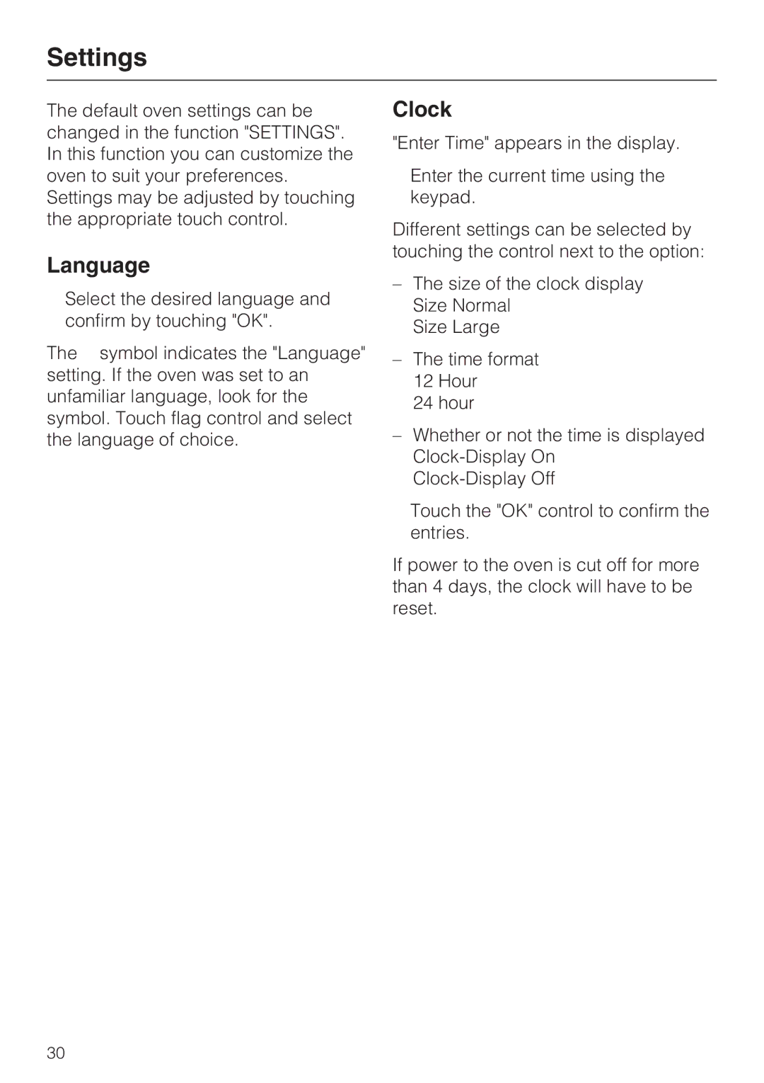 Miele DG4082, DG 4088 installation instructions Settings, Language, Clock 