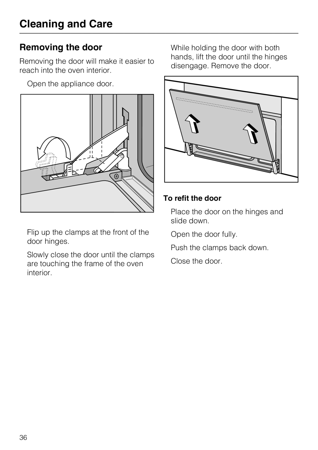 Miele DG4082, DG 4088 installation instructions Removing the door, To refit the door 