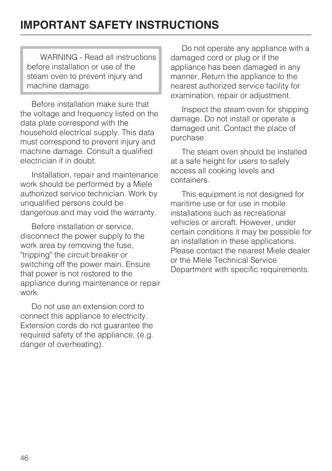 Miele DG4082, DG 4088 installation instructions Important Safety Instructions 