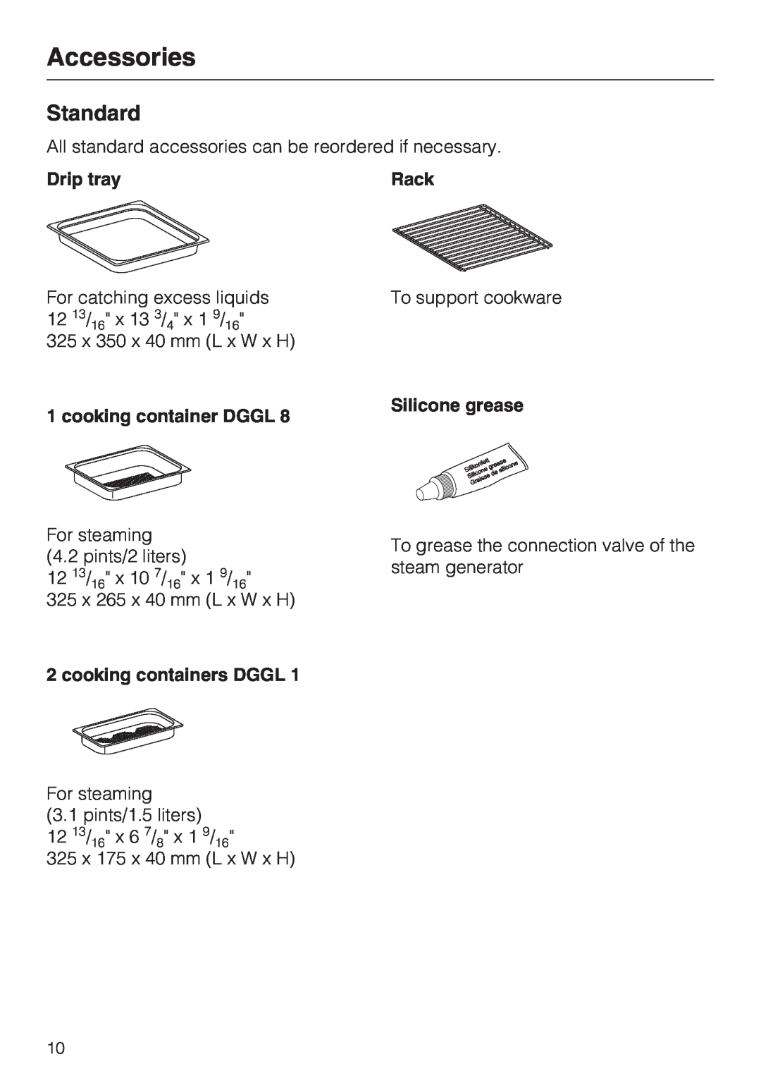 Miele DG4082, DG 4088 installation instructions Accessories, Standard 