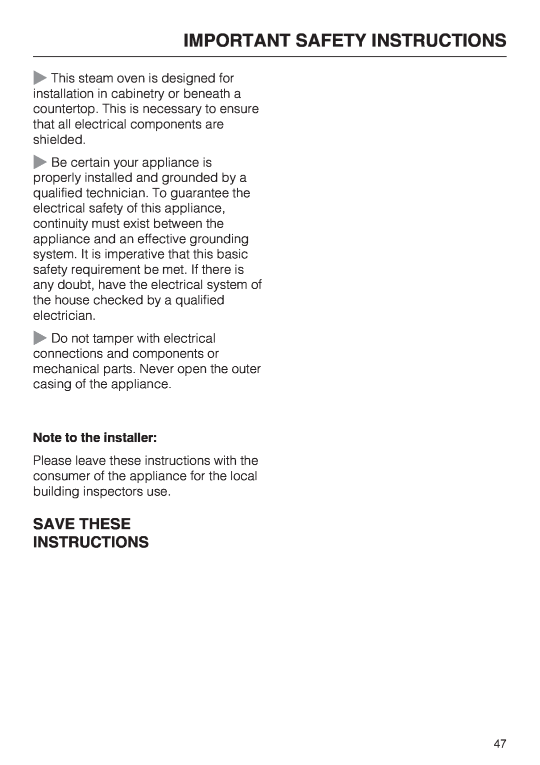 Miele DG 4088, DG4082 Save These Instructions, Important Safety Instructions, Note to the installer 