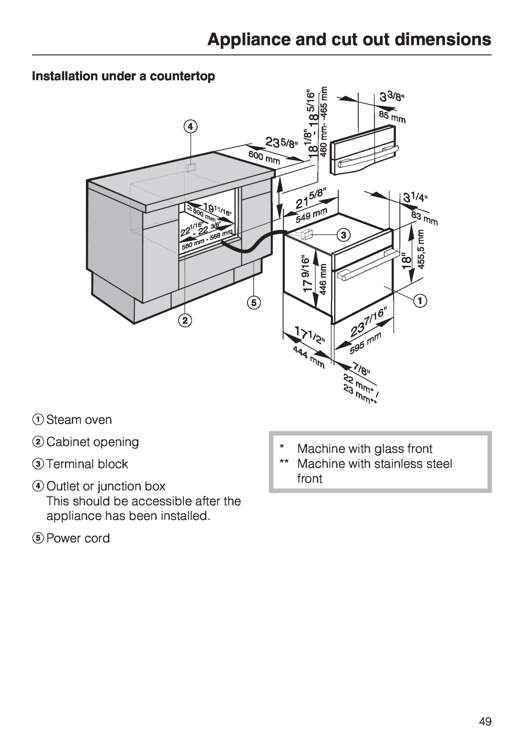 Miele DG 4088, DG4082 installation instructions Appliance and cut out dimensions, Installation under a countertop 