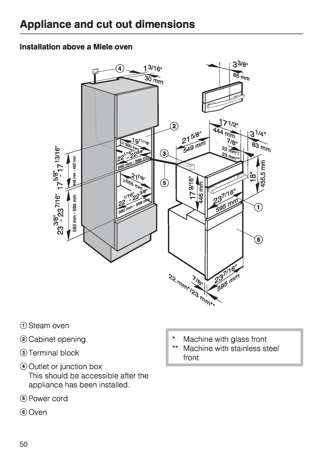 Miele DG4082 Appliance and cut out dimensions, Installation above a Miele oven, Steam oven Cabinet opening Terminal block 