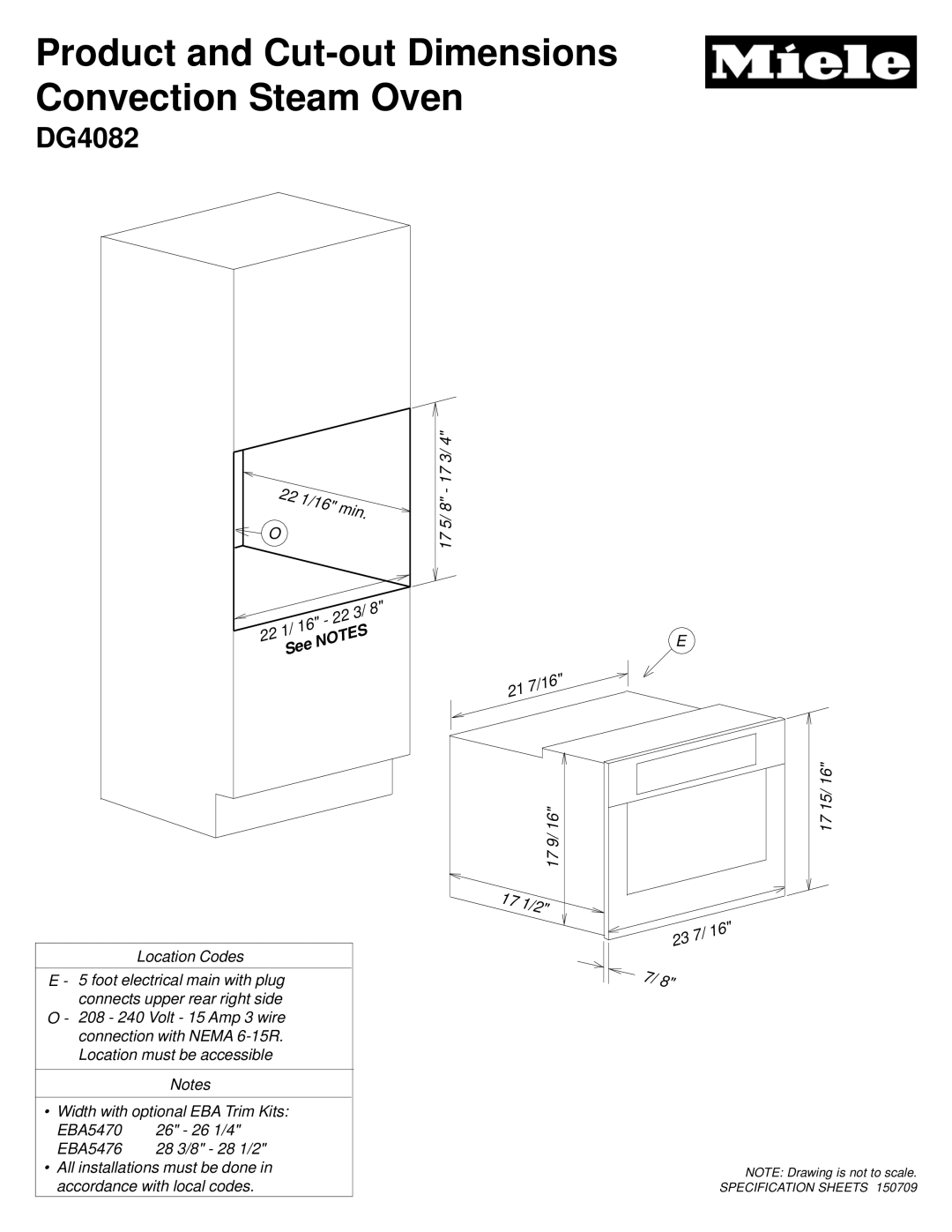 Miele DG4082 dimensions Product and Cut-out Dimensions Convection Steam Oven, See 