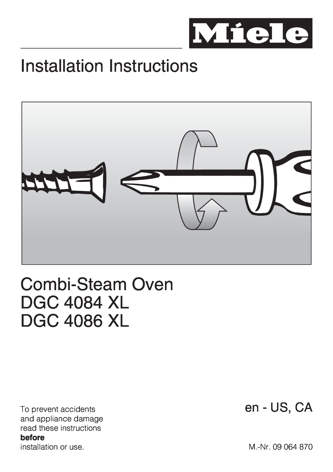 Miele DGC 4086 XL, DGC 4084 XL installation instructions en - US, CA, Installation Instructions 