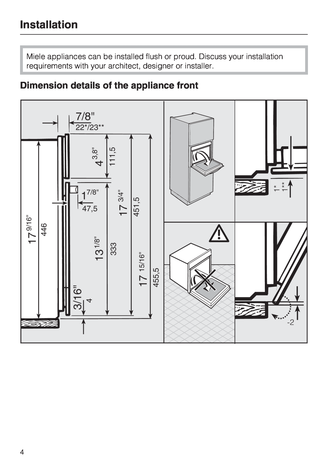 Miele DGC 4084 XL, DGC 4086 XL installation instructions Installation, 3/16, Dimension details of the appliance front 