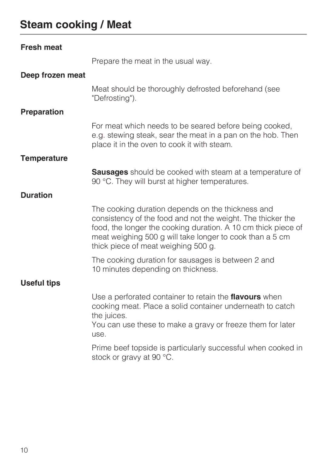 Miele DGC 5085 XL, DGC 5080 XL manual Steam cooking / Meat, Fresh meat, Deep frozen meat, Preparation, Useful tips 