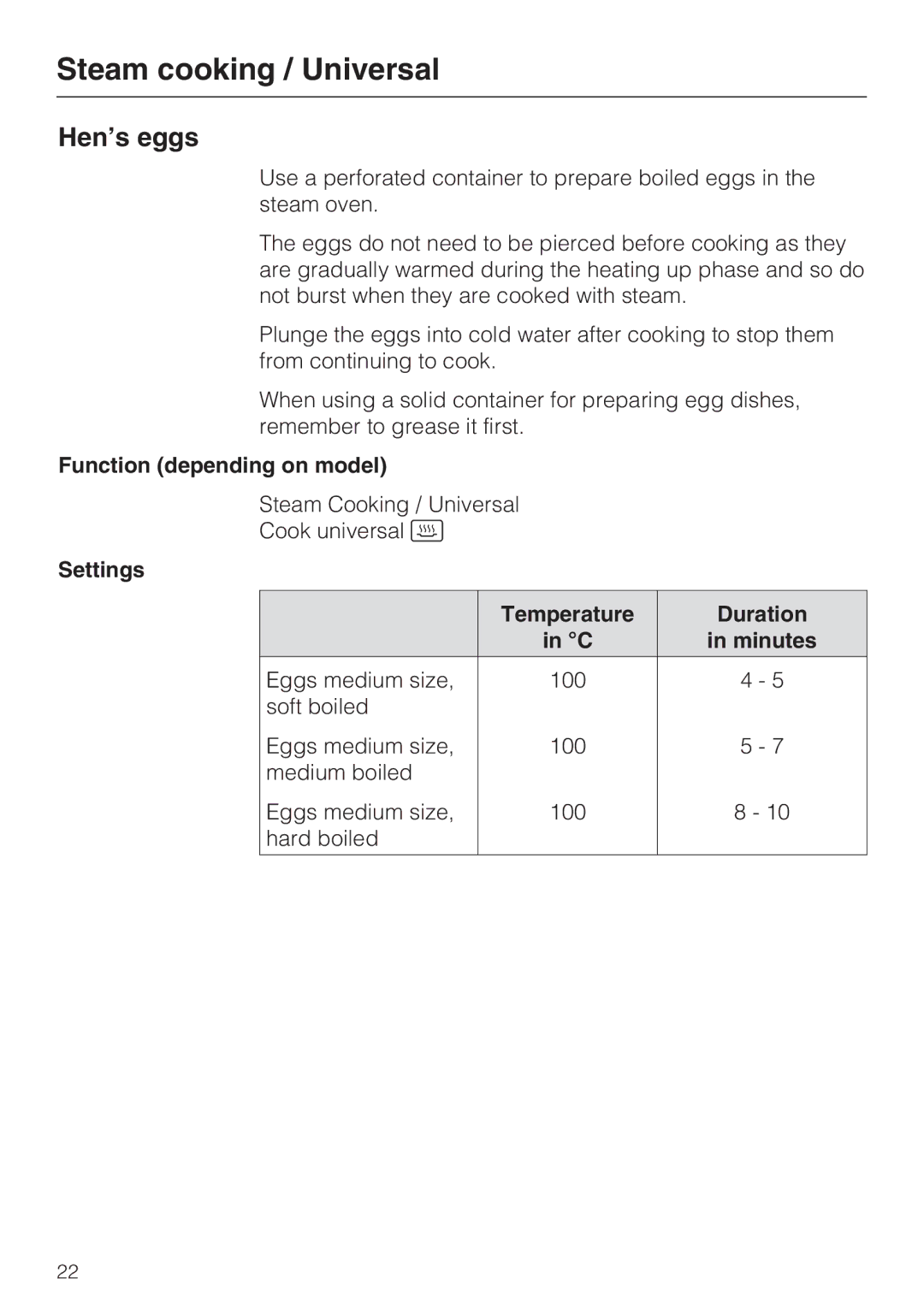 Miele DGC 5085 XL, DGC 5080 XL manual Hen’s eggs, Settings Temperature Duration Minutes 