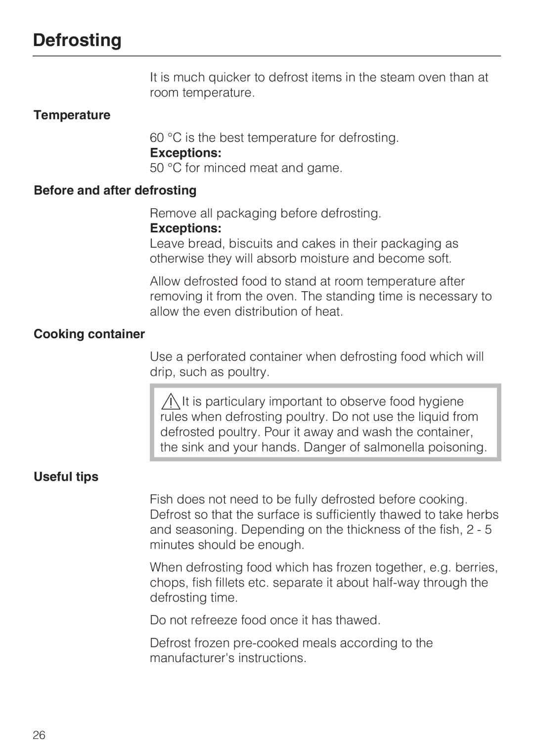 Miele DGC 5085 XL, DGC 5080 XL manual Defrosting, Exceptions, Before and after defrosting, Cooking container 