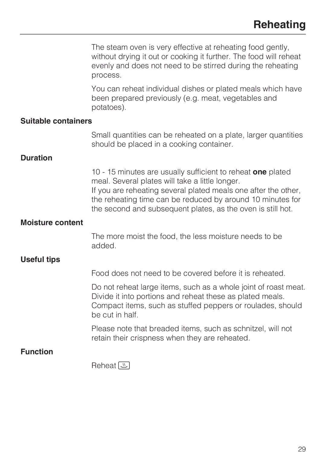 Miele DGC 5080 XL, DGC 5085 XL manual Reheating, Suitable containers, Moisture content 
