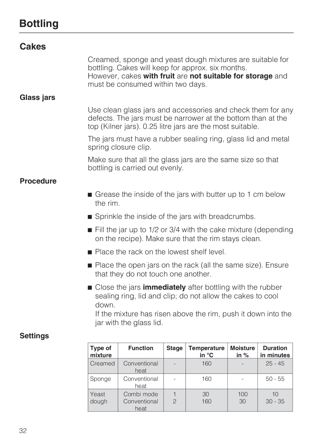 Miele DGC 5085 XL, DGC 5080 XL manual Cakes, Settings 