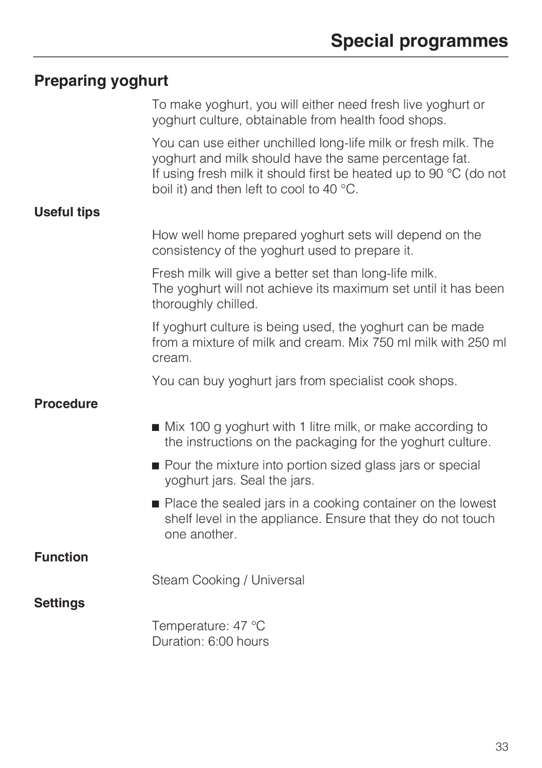 Miele DGC 5080 XL, DGC 5085 XL manual Special programmes, Preparing yoghurt 