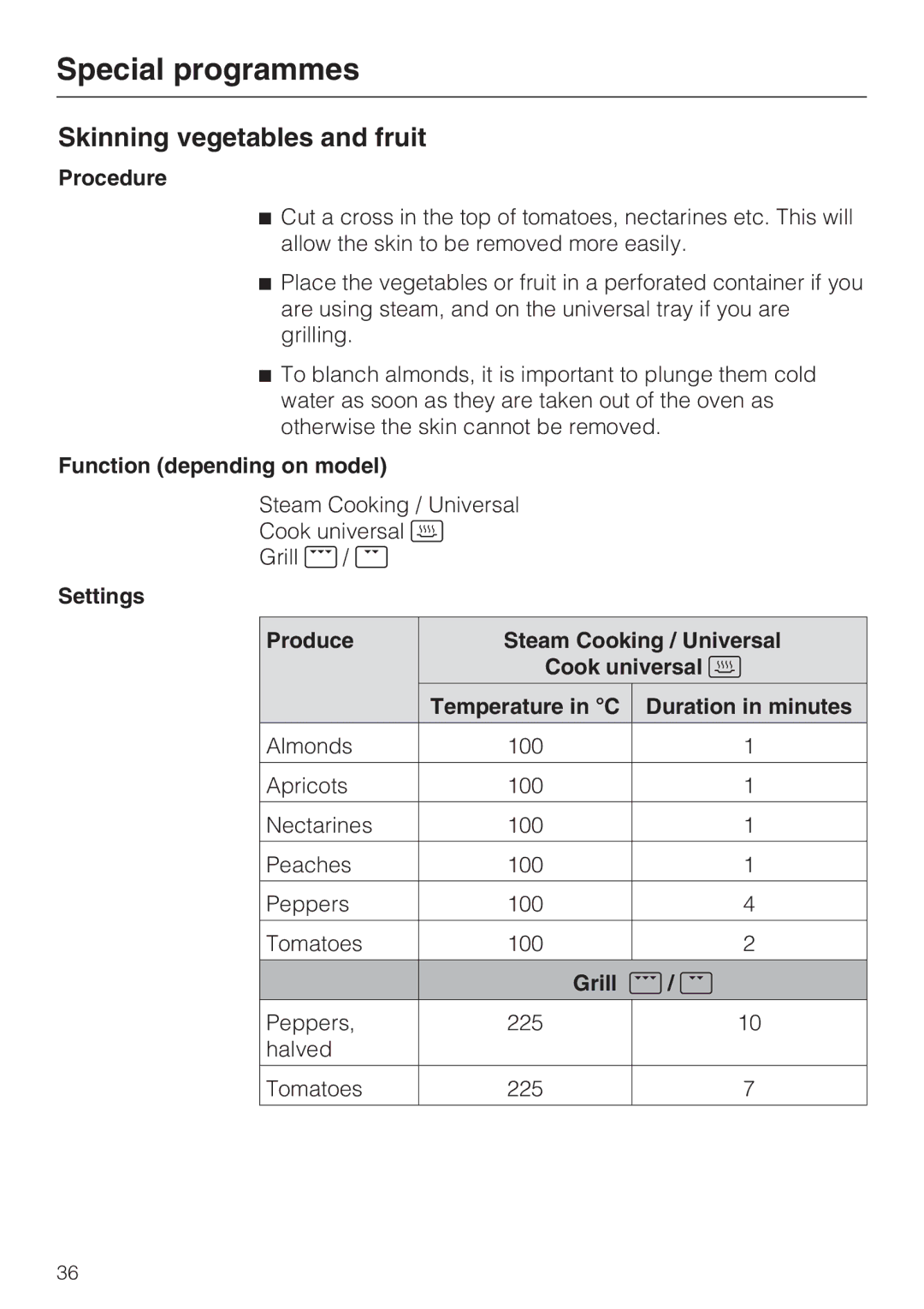 Miele DGC 5085 XL, DGC 5080 XL manual Skinning vegetables and fruit, Grill 