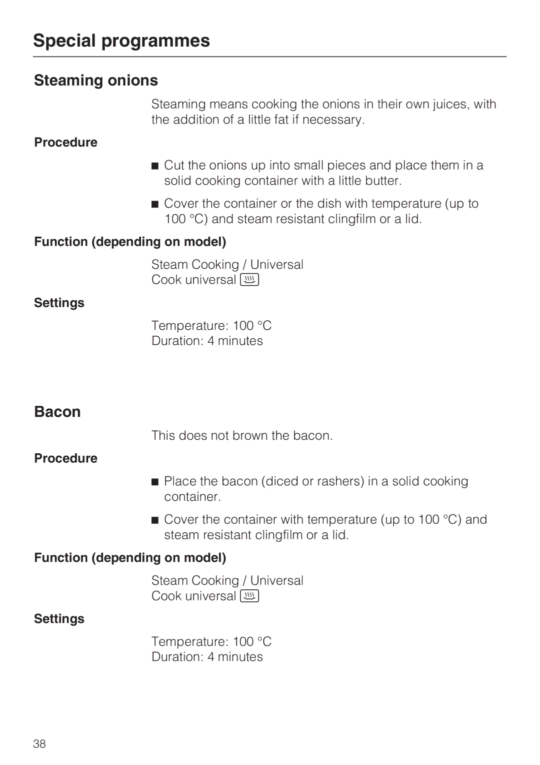 Miele DGC 5085 XL, DGC 5080 XL manual Steaming onions, Bacon 