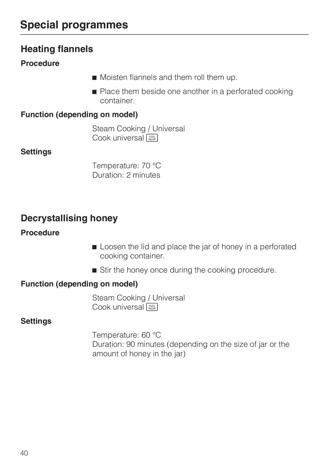 Miele DGC 5085 XL, DGC 5080 XL manual Heating flannels, Decrystallising honey 