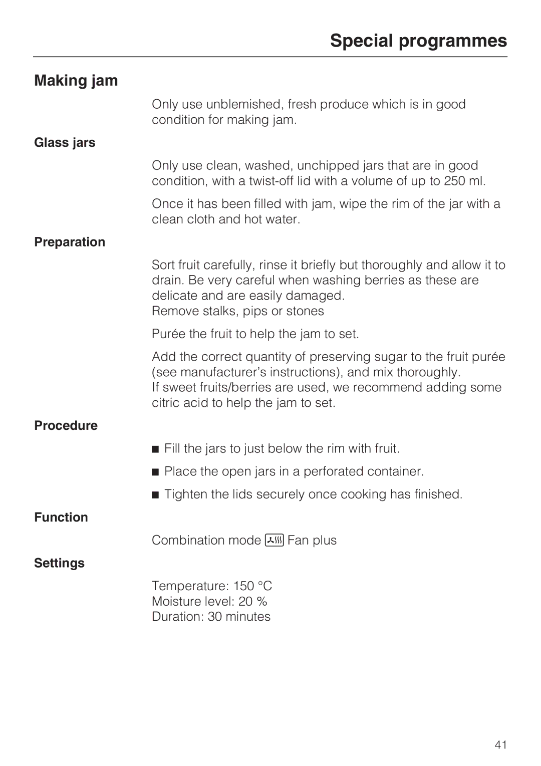 Miele DGC 5080 XL, DGC 5085 XL manual Making jam, Glass jars 