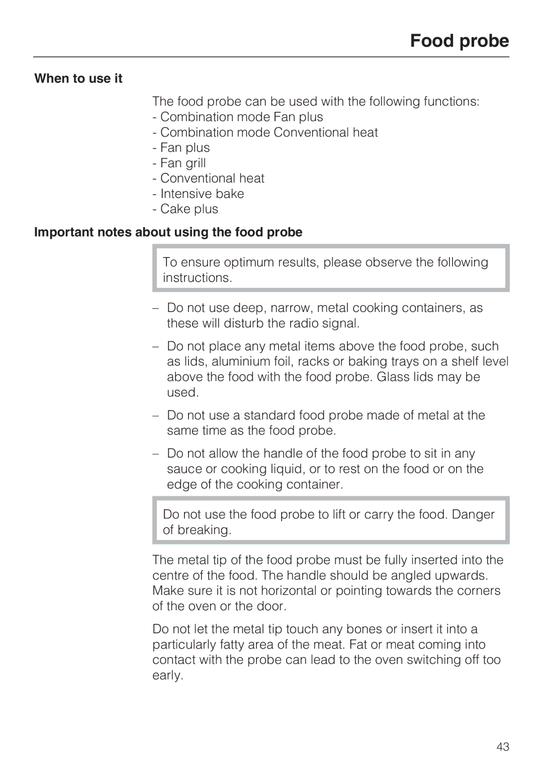 Miele DGC 5080 XL, DGC 5085 XL manual When to use it, Important notes about using the food probe 