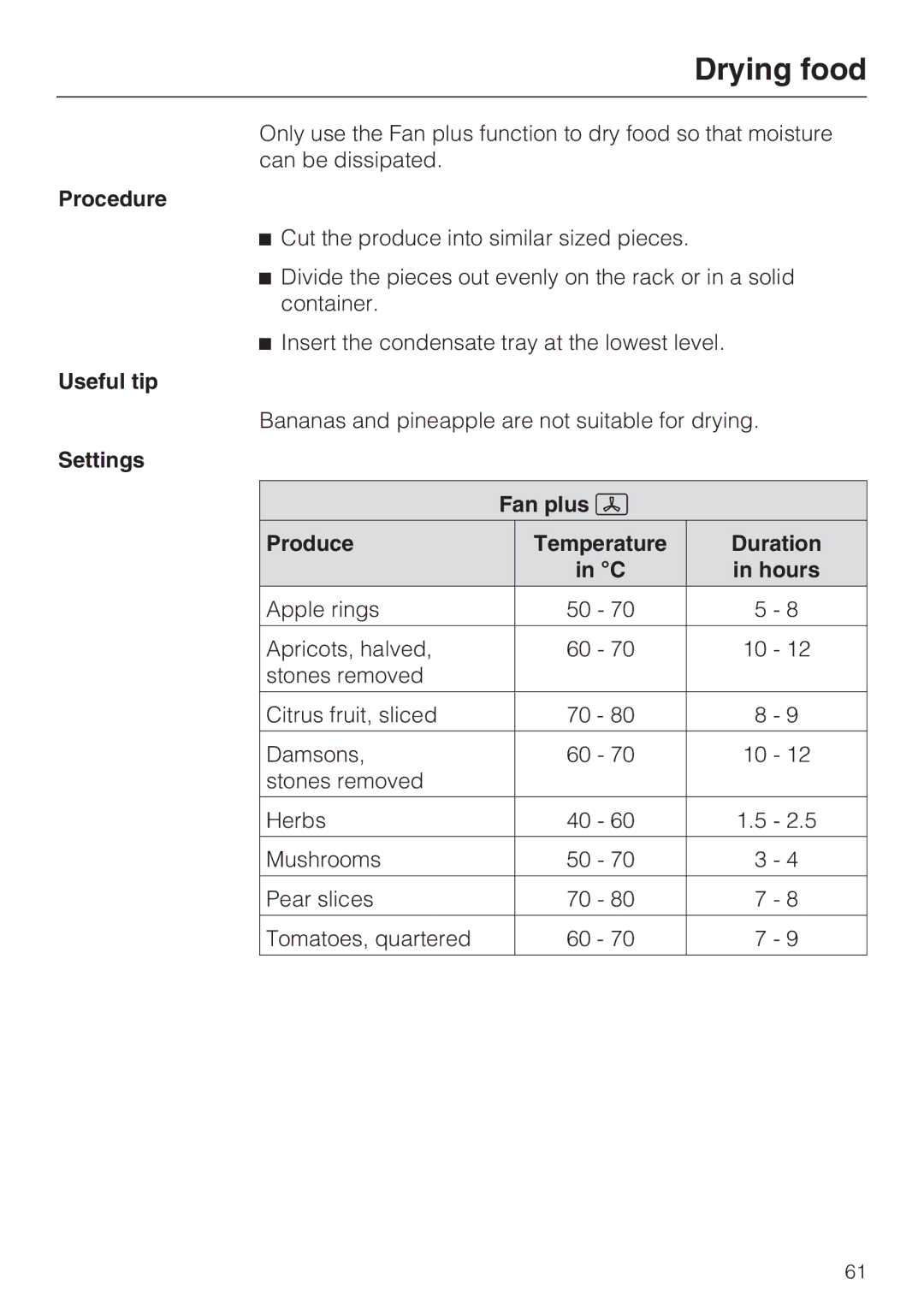 Miele DGC 5080 XL, DGC 5085 XL manual Drying food, Settings Fan plus Produce Temperature Duration Hours 