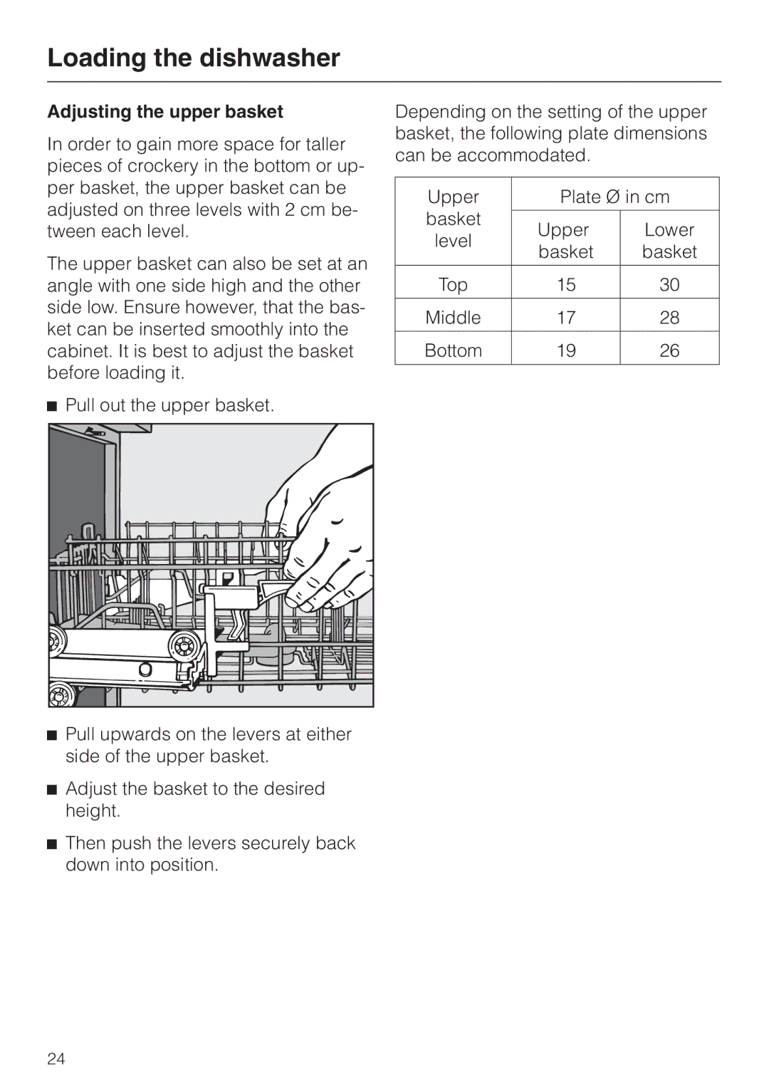 Miele dishwashers installation instructions Adjusting the upper basket, Pull out the upper basket 