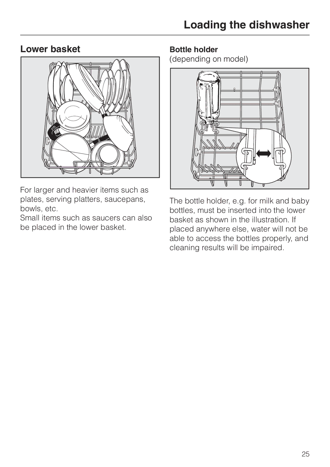 Miele dishwashers installation instructions Lower basket, Bottle holder 