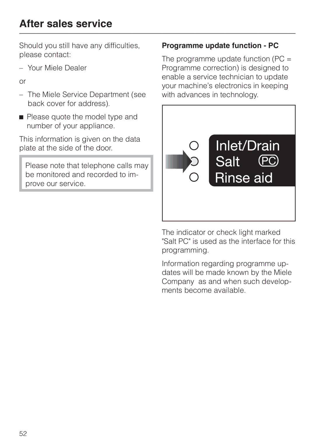 Miele dishwashers installation instructions After sales service, Programme update function PC 