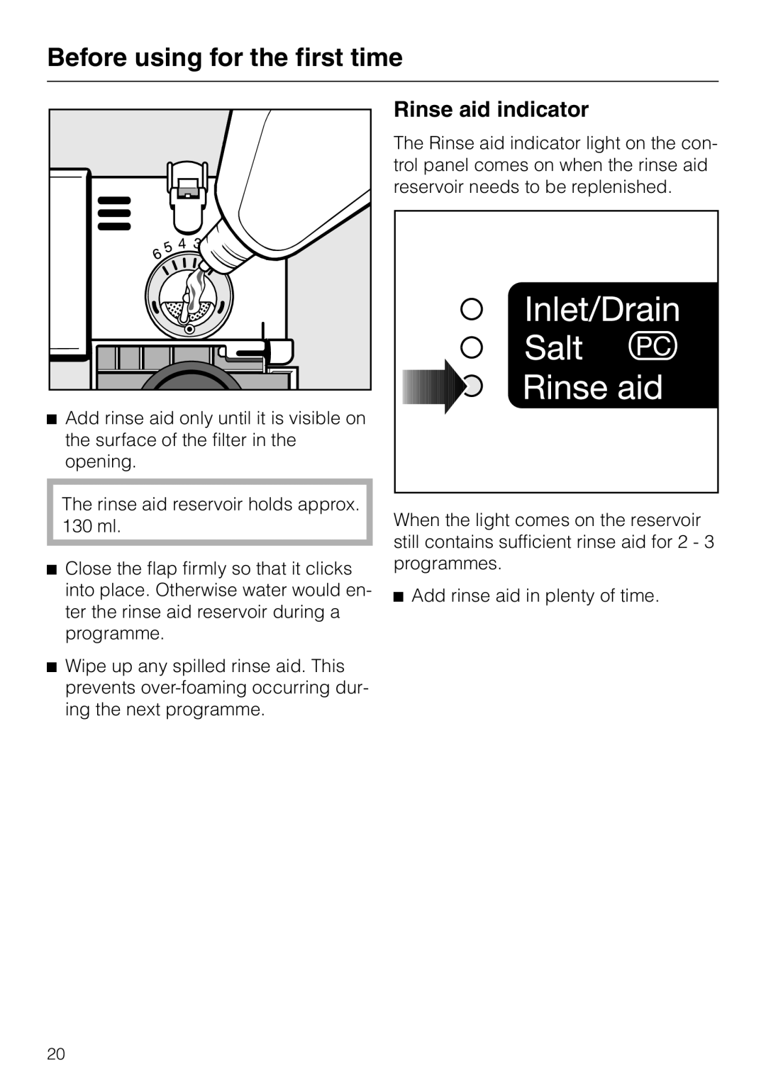 Miele dishwashers installation instructions Rinse aid indicator, Before using for the first time 
