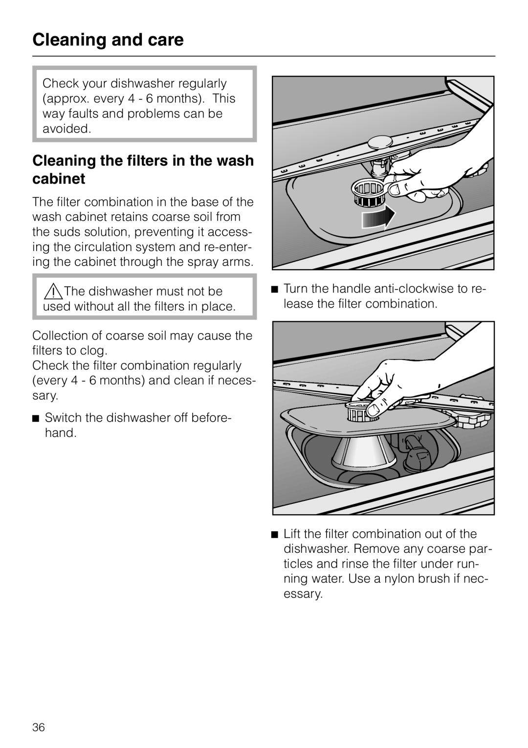 Miele dishwashers installation instructions Cleaning and care, Cleaning the filters in the wash cabinet 