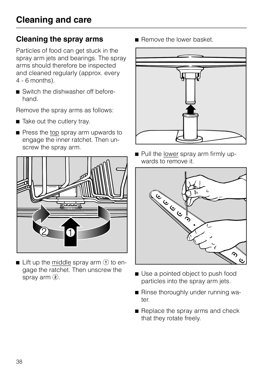 Miele dishwashers installation instructions Cleaning the spray arms, Remove the lower basket, Cleaning and care 