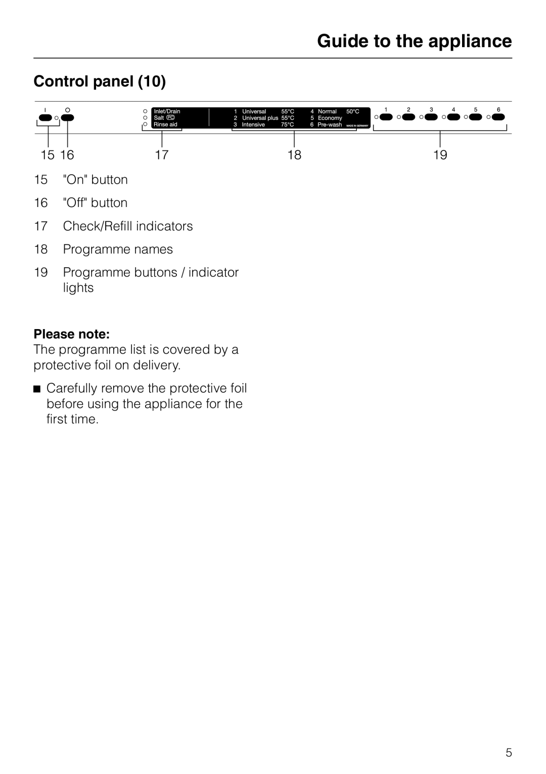 Miele dishwashers installation instructions Control panel, Please note, Guide to the appliance 