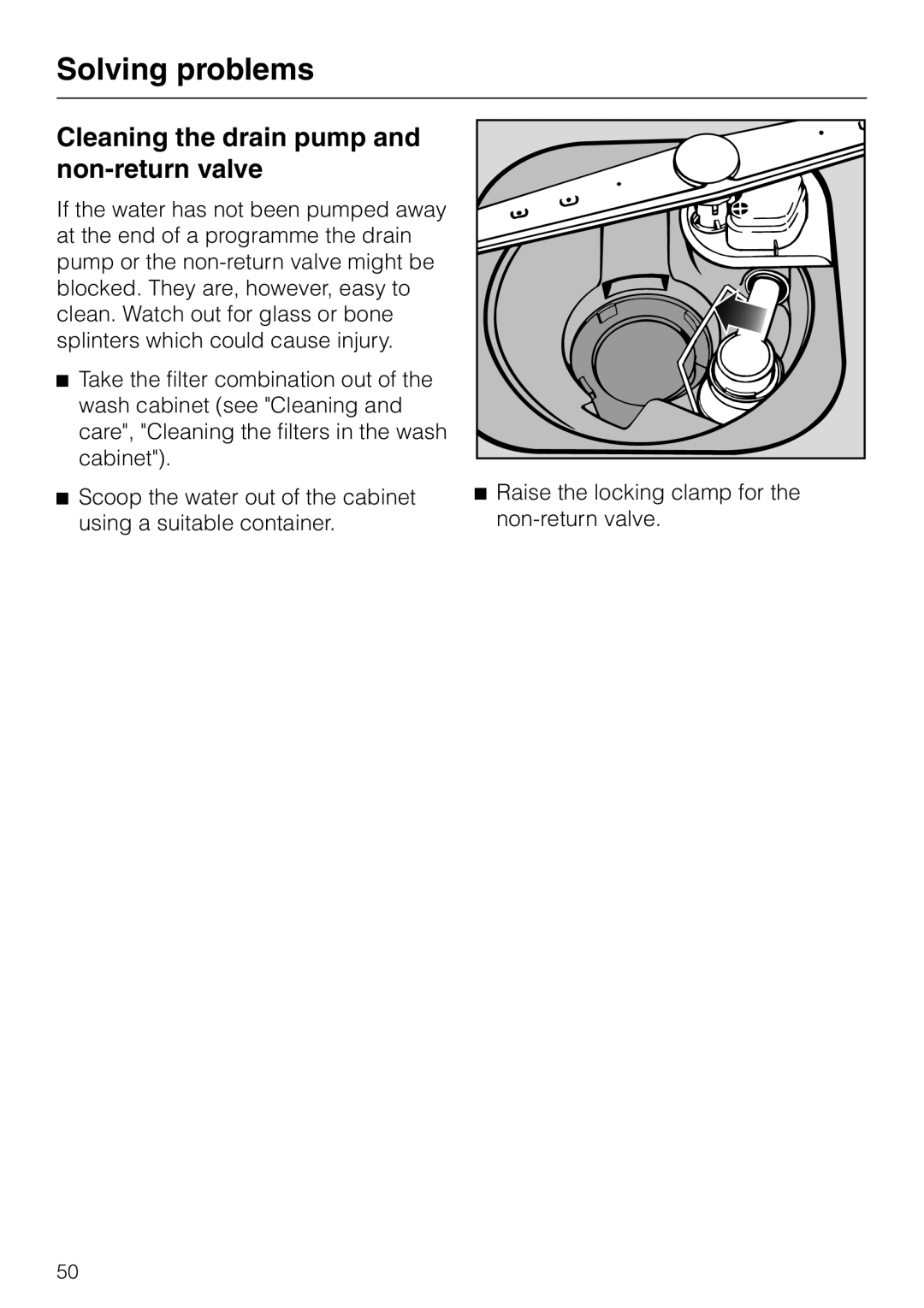 Miele dishwashers installation instructions Cleaning the drain pump and non-returnvalve, Solving problems 