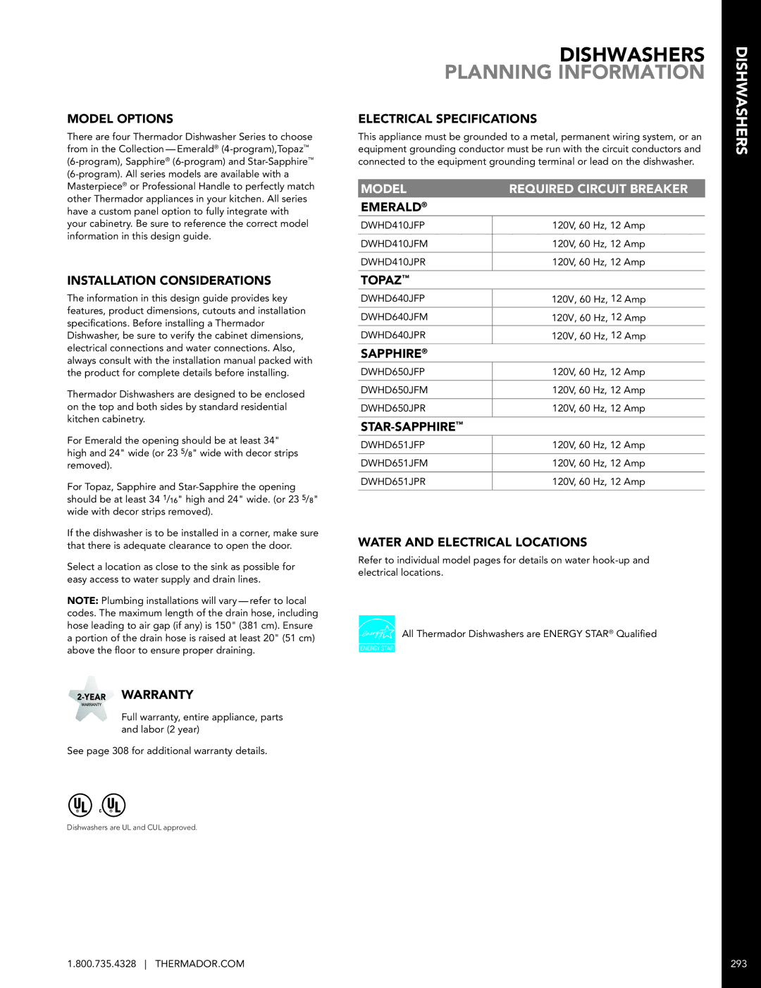 Miele DWHD651JFP Model Options, Installation Considerations, Warranty, Electrical Specifications, Emerald, Topaz, Sapphire 