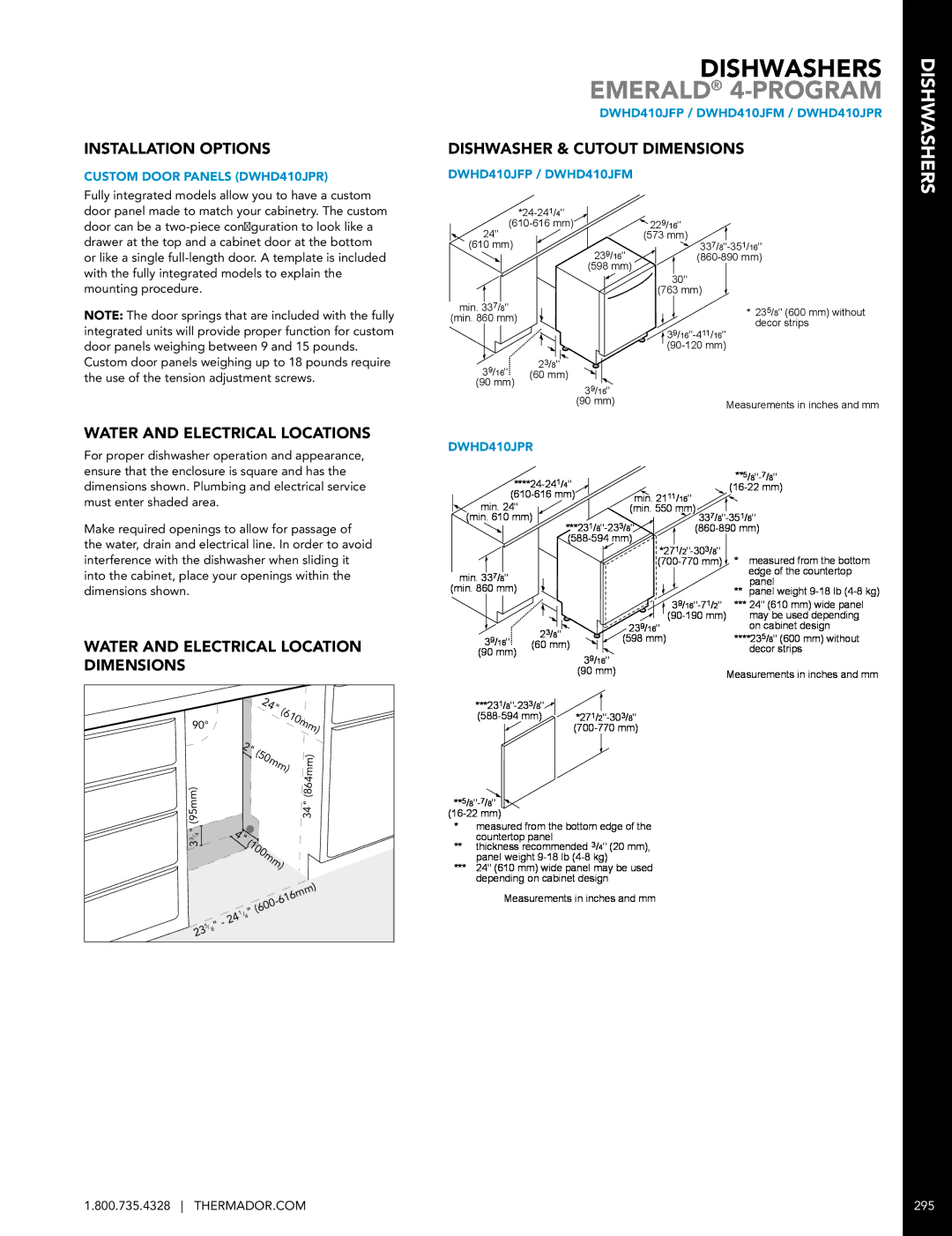 Miele DWHD651JFP manual Emerald 4-PROGRAM, Installation Options, Water and Electrical Location Dimensions 