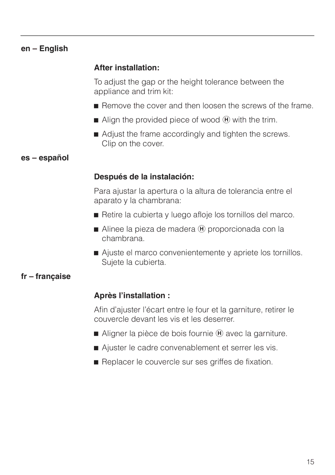 Miele EBA 4470, EBA 4476 installation instructions En English After installation 