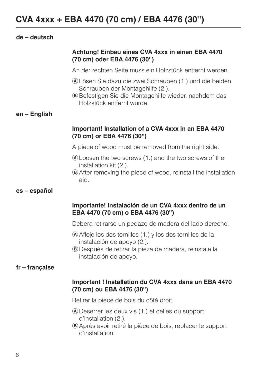 Miele installation instructions CVA 4xxx + EBA 4470 70 cm / EBA 4476 