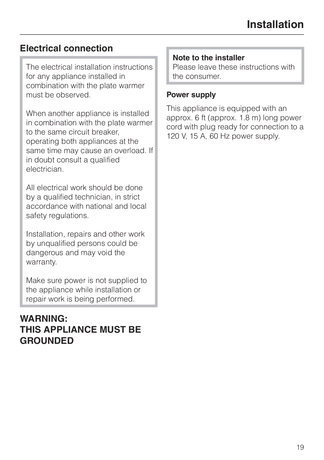 Miele EGW 2060 operating instructions Electrical connection, Power supply 