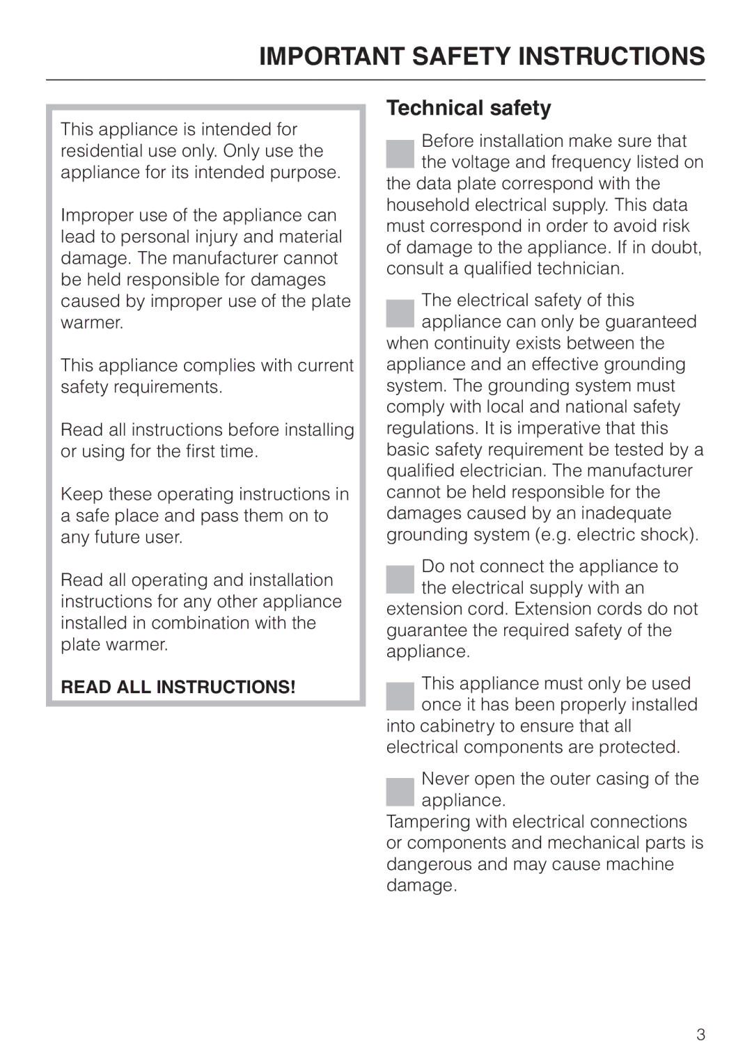 Miele EGW 2060 operating instructions Important Safety Instructions, Technical safety 