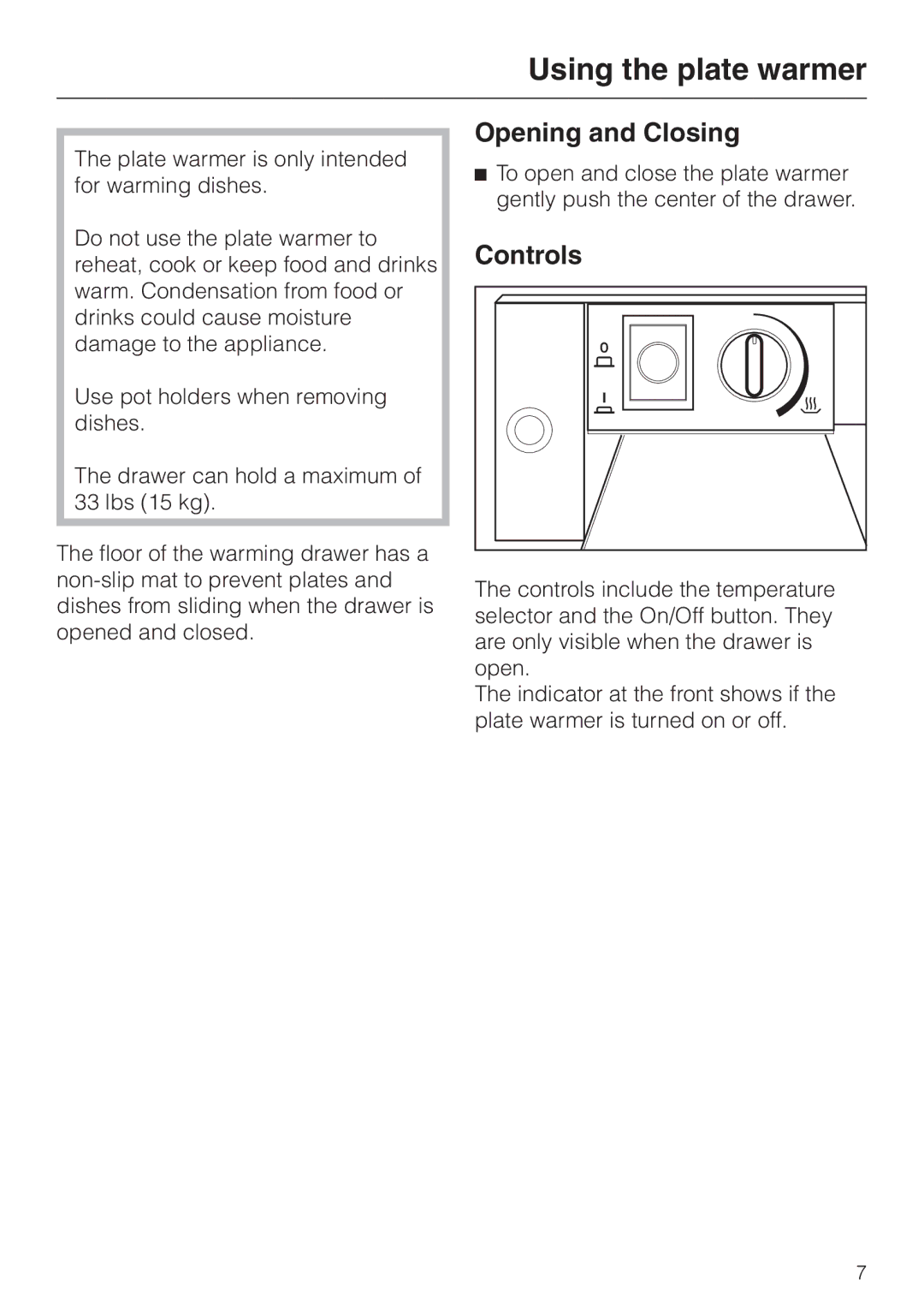 Miele EGW 2060 operating instructions Using the plate warmer, Opening and Closing, Controls 