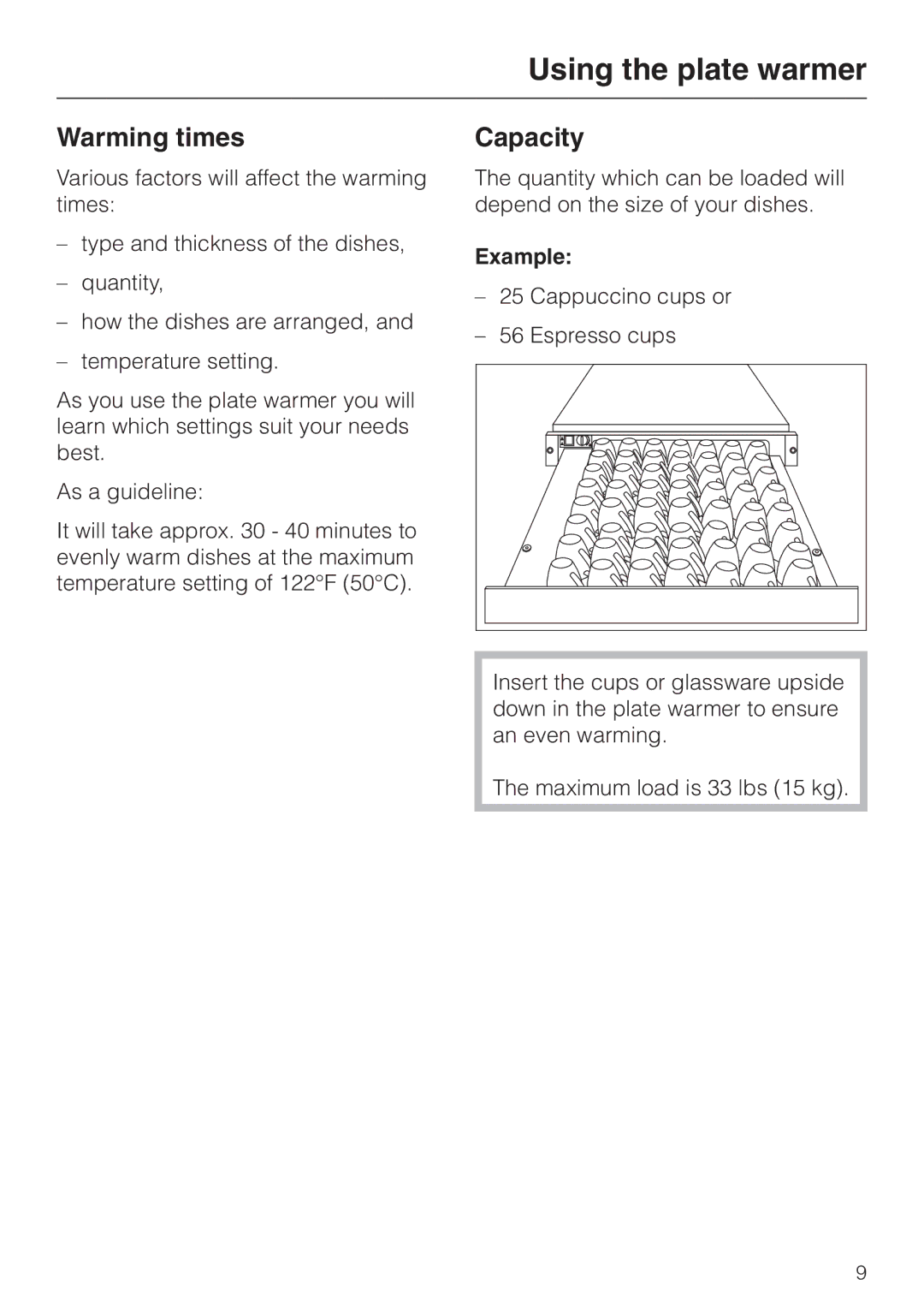 Miele EGW 2060 operating instructions Warming times, Capacity, Example 