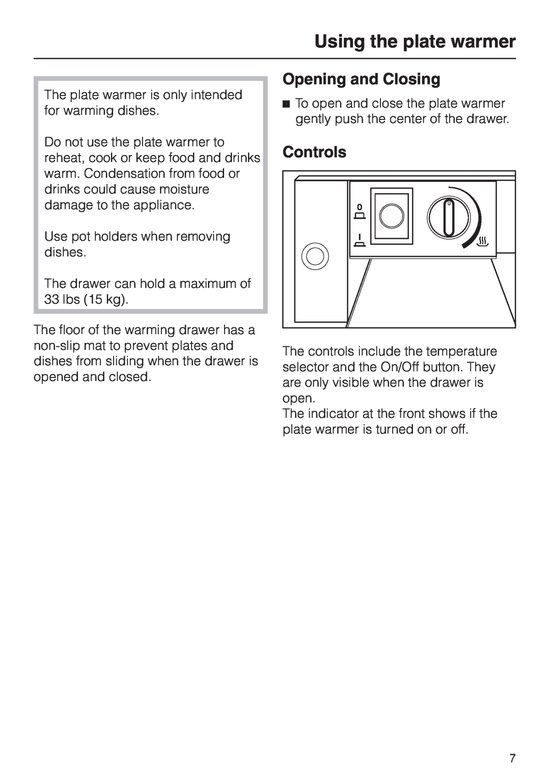 Miele EGW 2060 operating instructions Using the plate warmer, Opening and Closing, Controls 