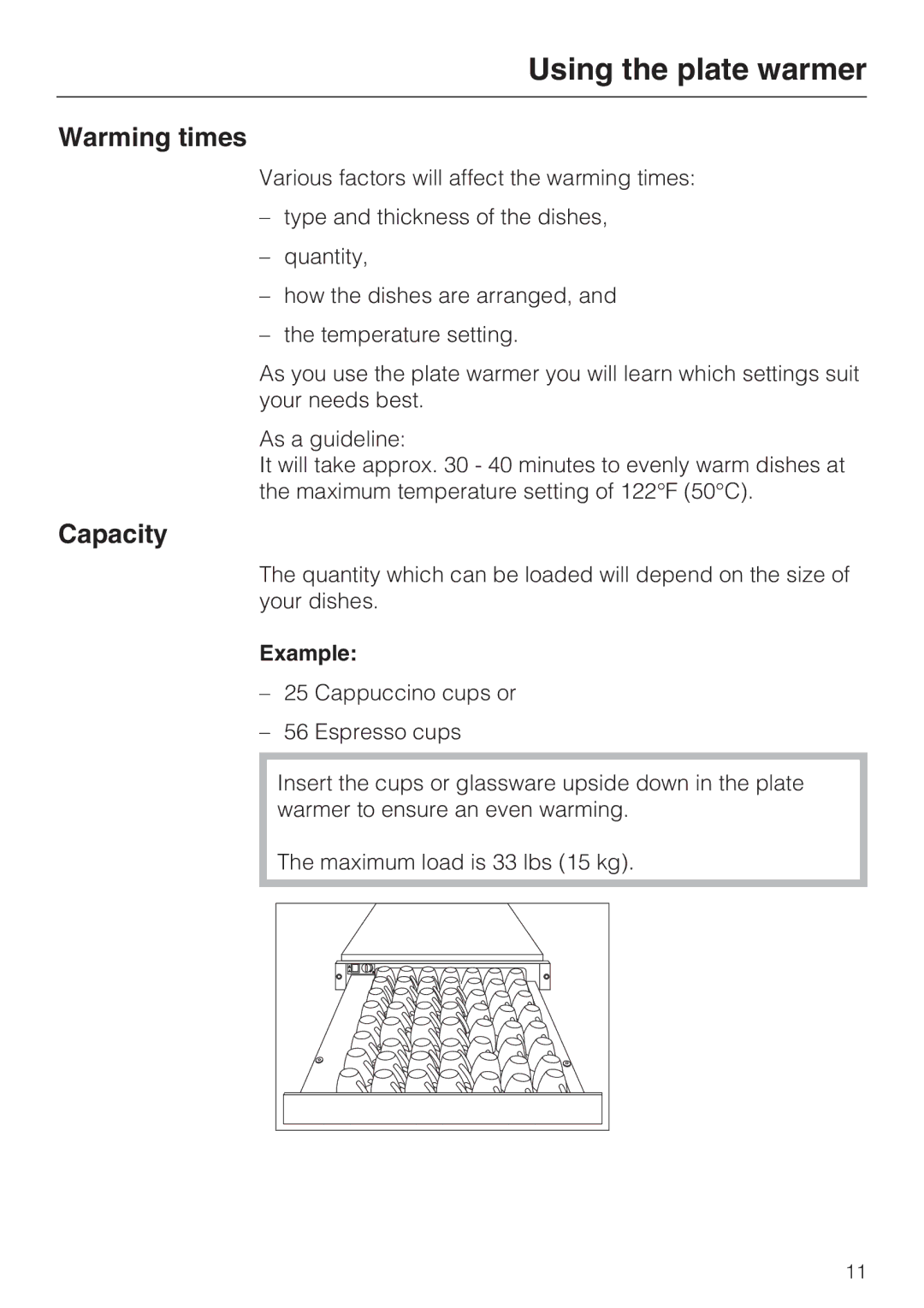 Miele EGW2062 installation instructions Warming times, Capacity, Example 