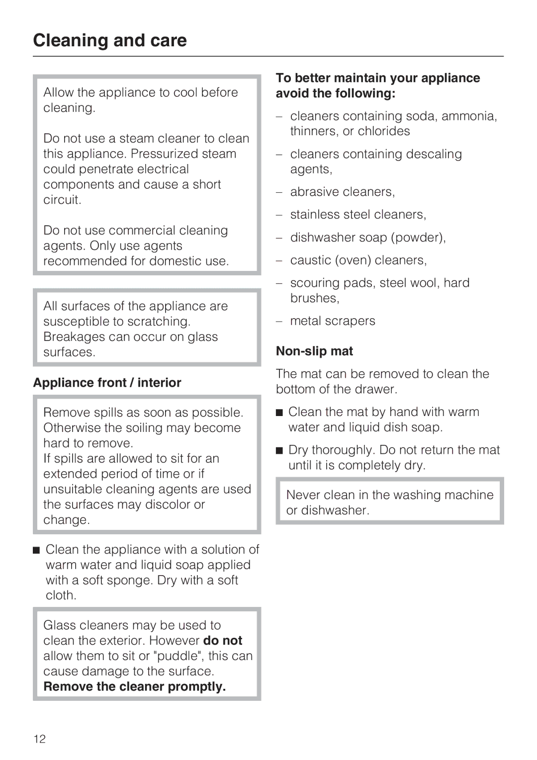 Miele EGW2062 installation instructions Cleaning and care, Appliance front / interior, Non-slip mat 