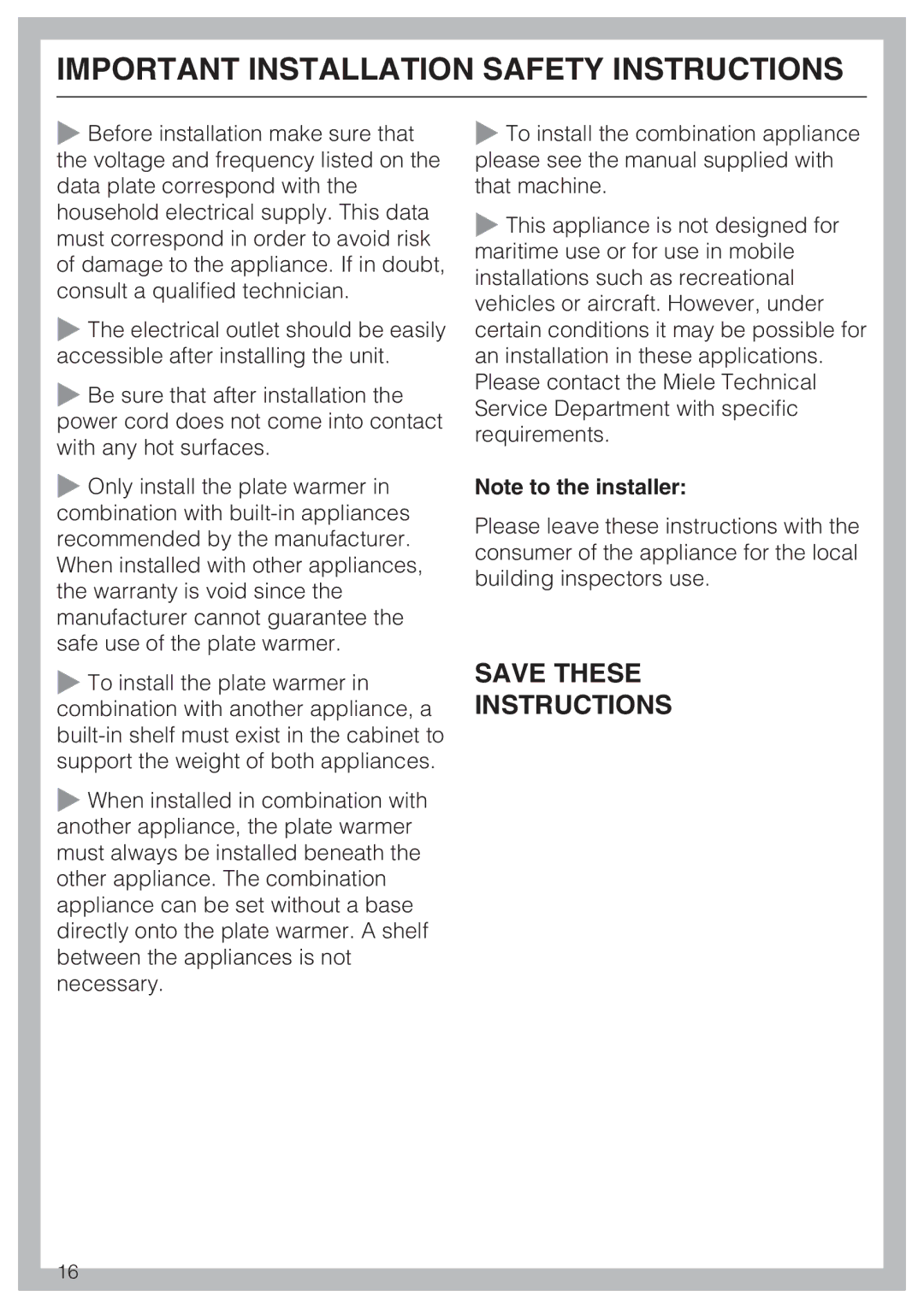 Miele EGW2062 installation instructions Important Installation Safety Instructions 